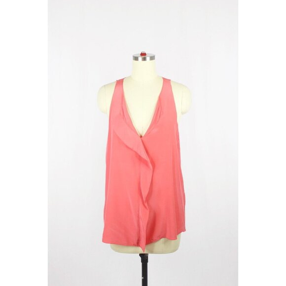 REBECCA TAYLOR Coral Pink Silk Crepe Cascade Ruffle V-Neck Blouse Top, Size 6 - Picture 1 of 12